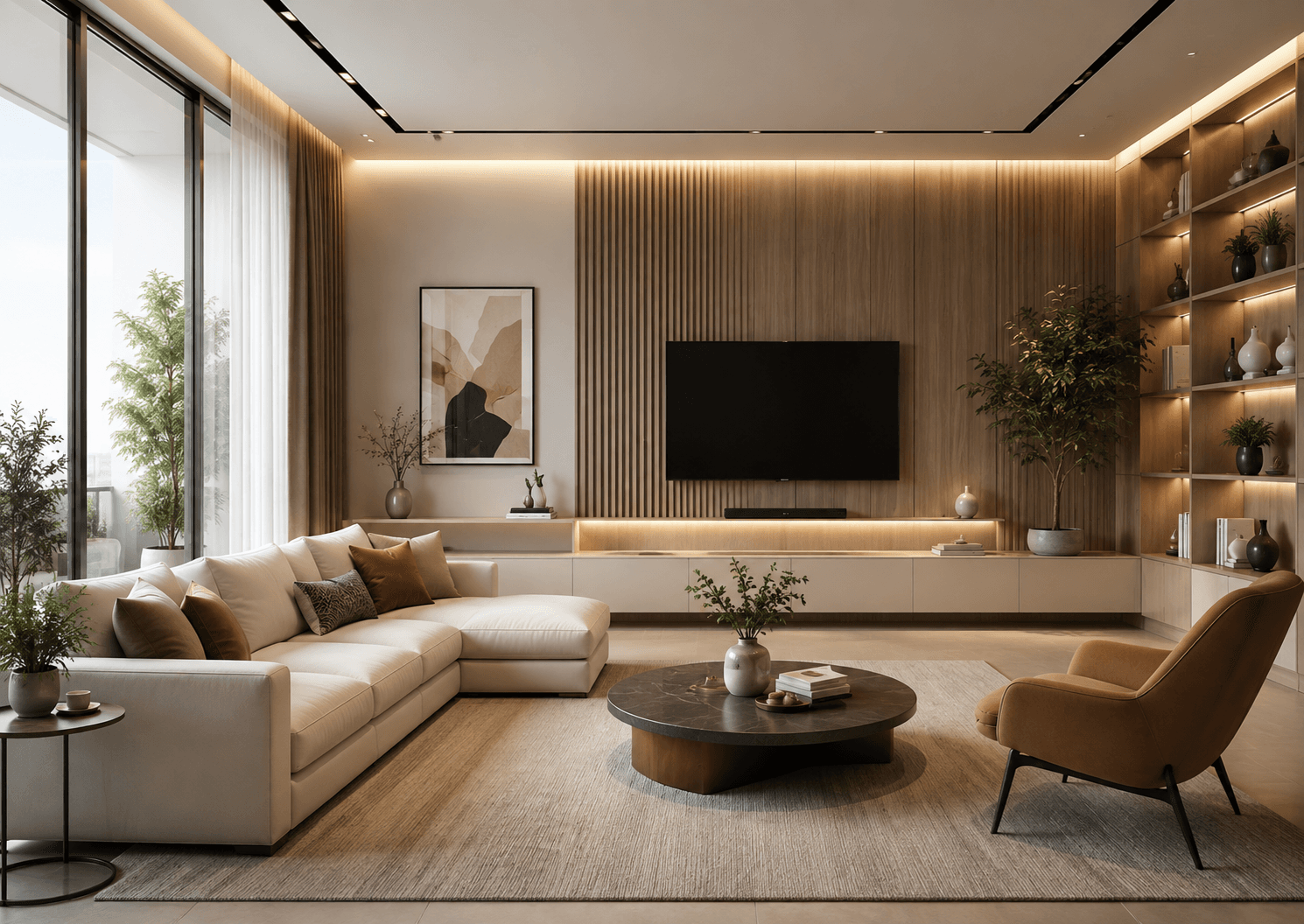 Living room interior styled by Breathing Walls, warm tones and layered textures.
